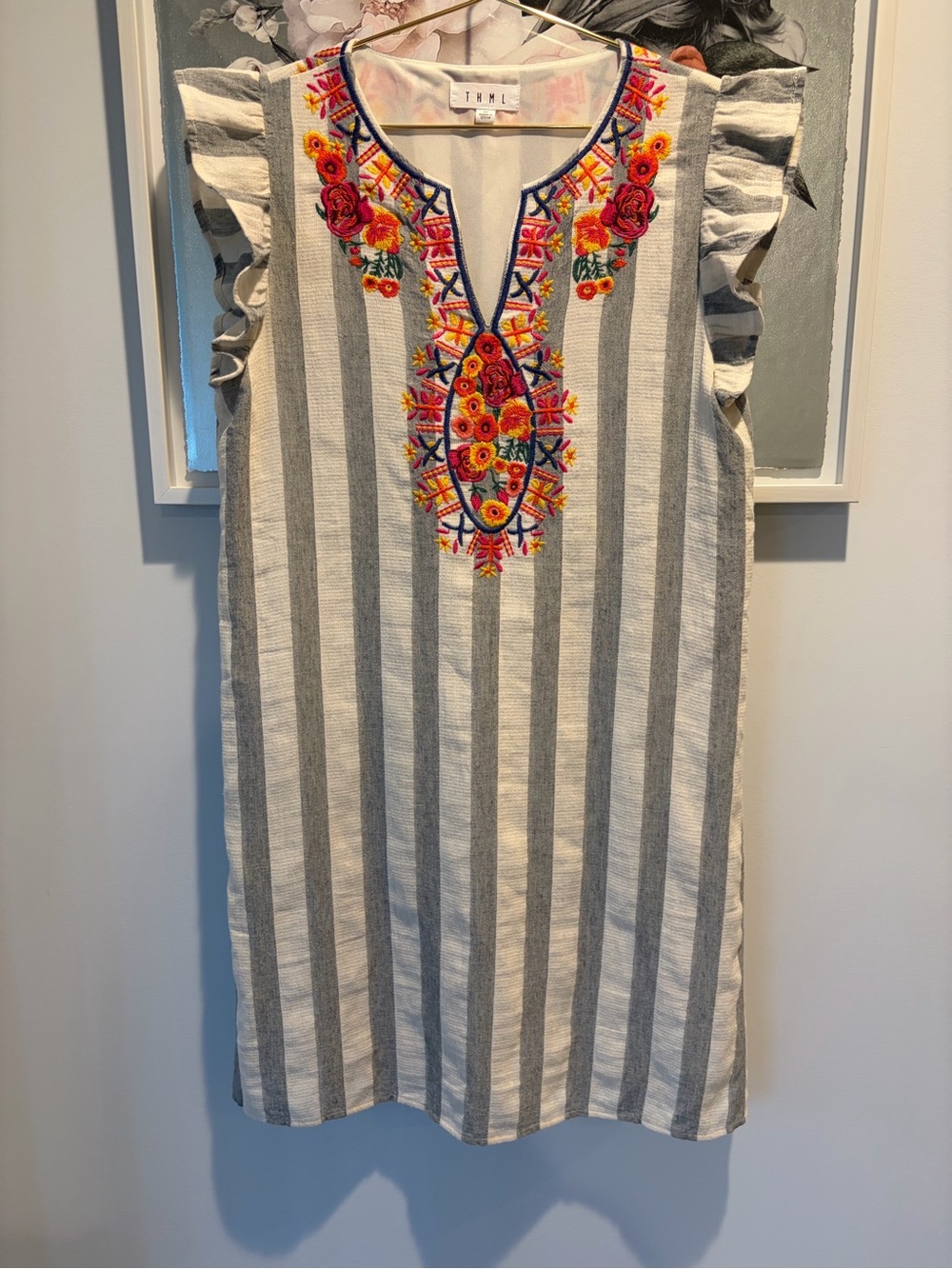 THML Embroidered Striped Chambray Boho Flutter Sleeve Dress Size Medium - Picture 3 of 8